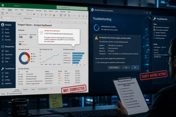 Dual-monitor cybersecurity dashboard shows “Project Falcon” findings and an RDP “Troubleshooting” warning about an untrusted certificate.