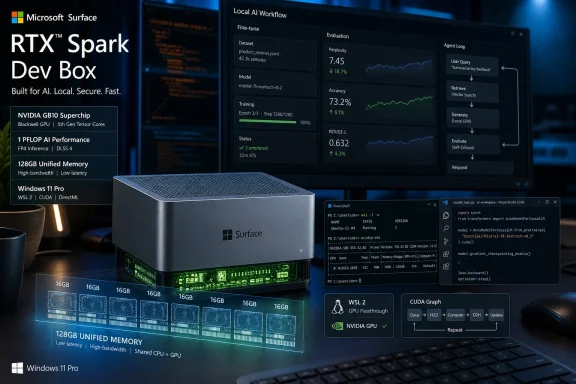 Microsoft Surface RTX Spark Dev Box marketing image showing AI workflow on screens and unified GPU memory.