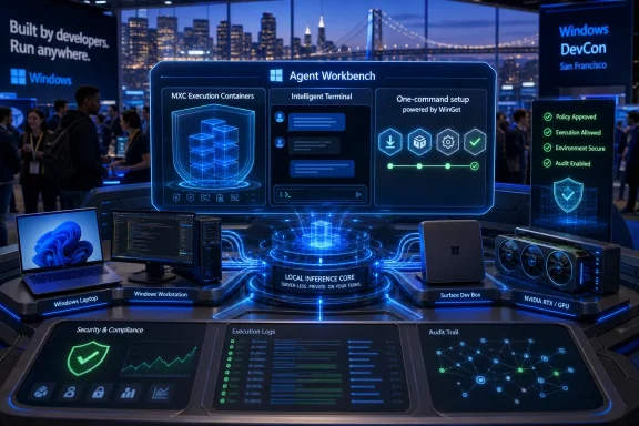 Tech conference booth showcasing Windows “Agent Workbench” with holographic panels and secure AI execution.