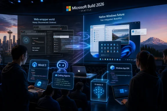 Microsoft Build 2026 stage with developers presenting futuristic Windows and AI coding tools.