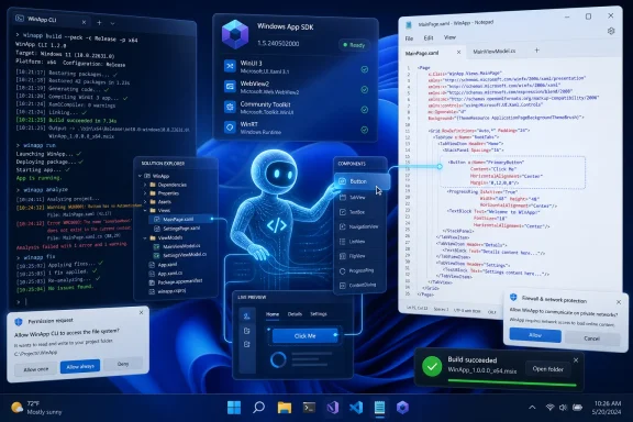Windows App SDK build in Visual Studio Code-like IDE showing XAML UI designer and CLI build logs.