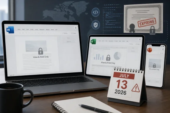 Three screens show locked office files and an “EXPIRE” document concept with a July 13, 2026 calendar.