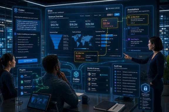 Business team reviews an AI-generated revenue dashboard with highlighted annotations in a secure workspace.
