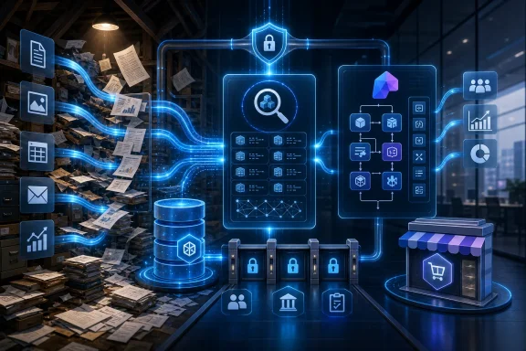 Futuristic data-security control panel with glowing network icons, database, and store/shipping visuals.