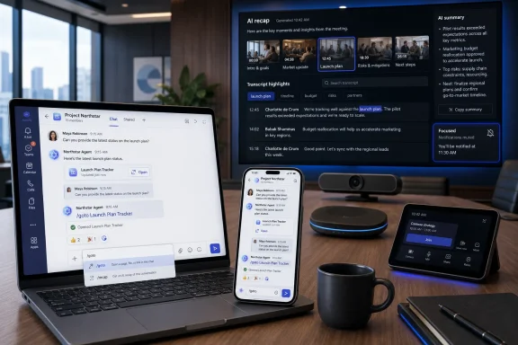 Office scene showing a laptop, tablet, and smart speaker displaying an AI meeting recap and project launch plan.