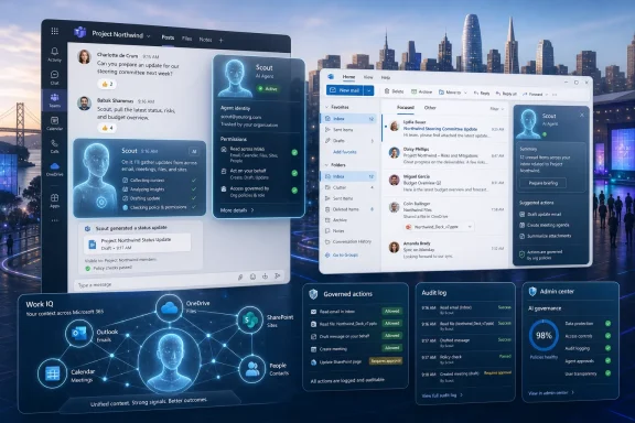 Futuristic AI workspace dashboard showing email, chat, governance and audit logs over a city skyline. Futuristic AI workspace dashboard showing email, chat, governance and audit logs over a city skyline.