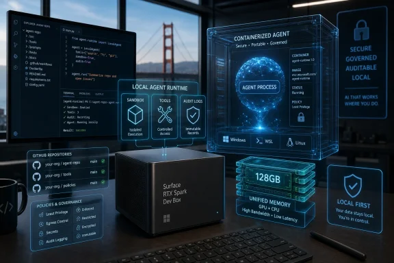 Futuristic dev workspace showing local, containerized agent runtime with security and governance overlays. Futuristic dev workspace showing local, containerized agent runtime with security and governance overlays.
