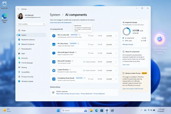 Windows Settings page showing “AI components” with installed models and storage usage details.