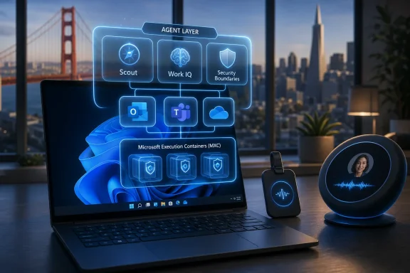 Laptop displays an “Agent Layer” architecture for Microsoft Execution Containers (MXC) with security, scout, and Work IQ icons.