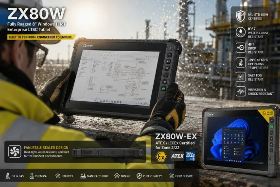 Gloved worker uses a rugged Getac ZX80W industrial tablet in a factory, with durability and certification badges overlayed.