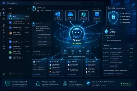 Microsoft Teams chat dashboard featuring the “Scout” AI agent with app integrations and enterprise policy controls. Microsoft Teams chat dashboard featuring the “Scout” AI agent with app integrations and enterprise policy controls.