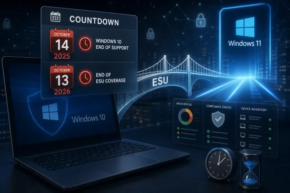 Digital countdown graphic showing Windows 10 and ESU support end dates on a laptop display.