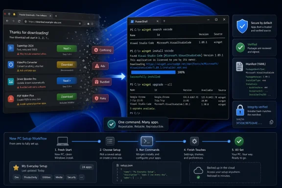 Screenshot collage showing PowerShell commands installing VS Code via winget on a Windows desktop.