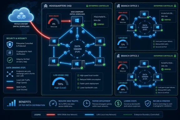 Network security infographic showing enterprise-controlled P2P patch distribution across HQ and branch offices.