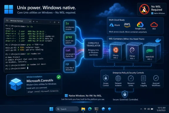 Promotional graphic showing Microsoft Coreutils running Unix power tools on native Windows terminals.