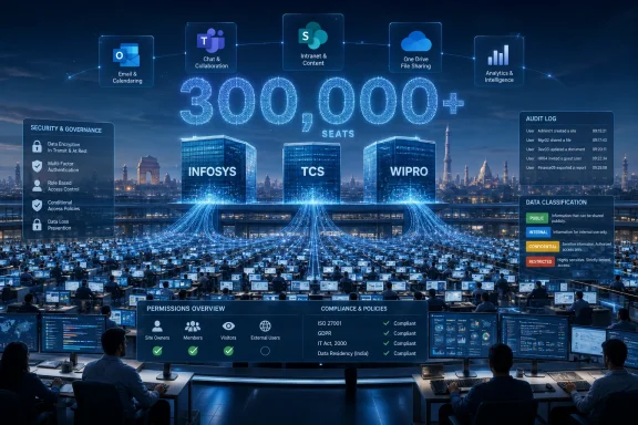 Global cloud office with secure data governance dashboard, “300,000+ seats,” and office logos in a futuristic tech scene. Global cloud office with secure data governance dashboard, “300,000+ seats,” and office logos in a futuristic tech scene.