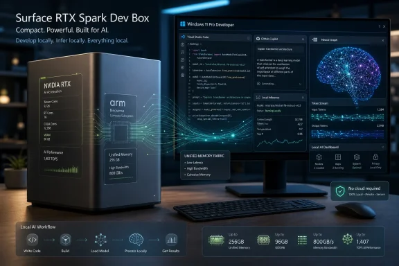 NVIDIA RTX Spark dev box on a desk running local AI inference on-screen with performance stats.