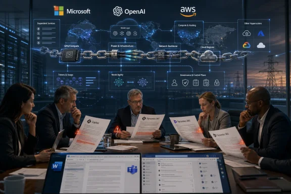 Business team reviews cloud AI infrastructure diagrams linking Microsoft, OpenAI, and AWS on a digital screen.