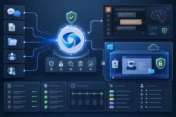 Digital cybersecurity dashboard with shield, data flow network, and AI protection icons on a blue interface.