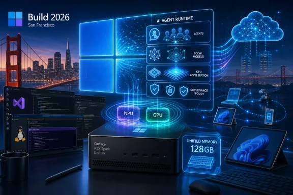 Microsoft Build 2026 tech visual showing AI agent runtime, GPU/NPU acceleration, and unified 128GB memory. Microsoft Build 2026 tech visual showing AI agent runtime, GPU/NPU acceleration, and unified 128GB memory.