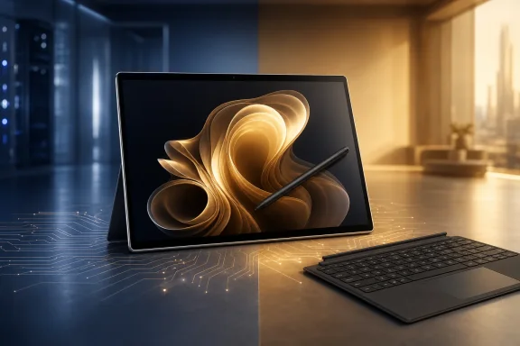 Tablet with stylus displaying an abstract golden swirl on a circuit-themed workspace.