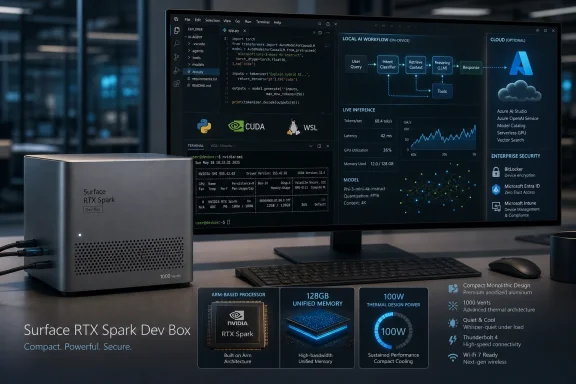 Surface RTX Spark Dev Box with AI workflow software on screen, showing CUDA/WSL tools and live inference metrics.