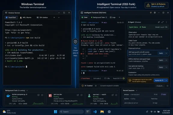 Split-screen shows Windows Terminal and an “Intelligent Terminal” with an AI TypeScript build error and suggestions.