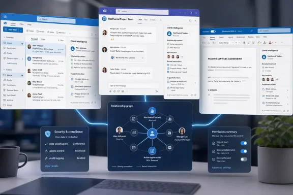 Collage of futuristic office screens showing client intelligence, documents, security, and relationship graphs. Collage of futuristic office screens showing client intelligence, documents, security, and relationship graphs.