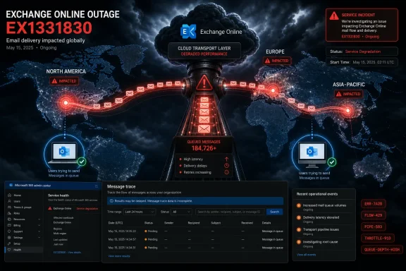 Global Exchange Online outage dashboard shows service degradation and queued emails with cloud transport degraded.