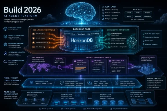 Futuristic “Build 2026” AI agent platform diagram featuring HorizonDB core, cloud infrastructure, and security layers.