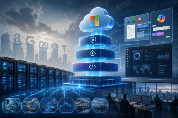 Cloud computing data center with networked servers, security, and business analytics in a futuristic skyline.