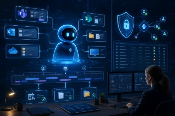 Futuristic AI assistant and cybersecurity dashboard icons displayed on screens in a dark tech office.
