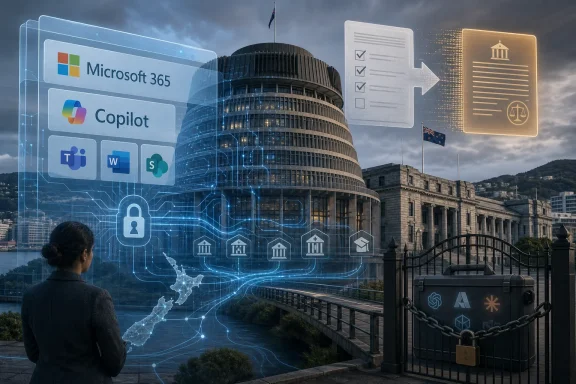 Person views Microsoft 365/Copilot cloud icons over a city skyline beside government buildings.
