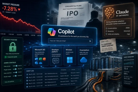 Tech-themed dashboard showing Copilot, IPO documents, and analytics over a data center backdrop.
