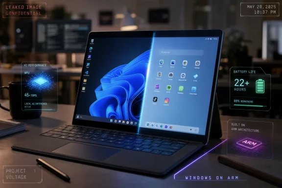 Futuristic Windows-on-ARM laptop on desk with HUD overlays showing AI performance and battery life.
