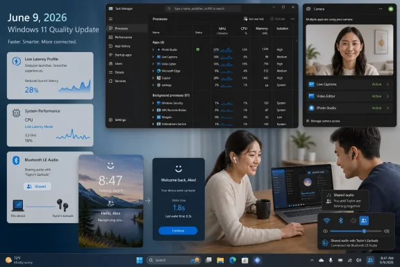Windows 11 June 2026 update screen with Task Manager, camera apps, and shared audio features.