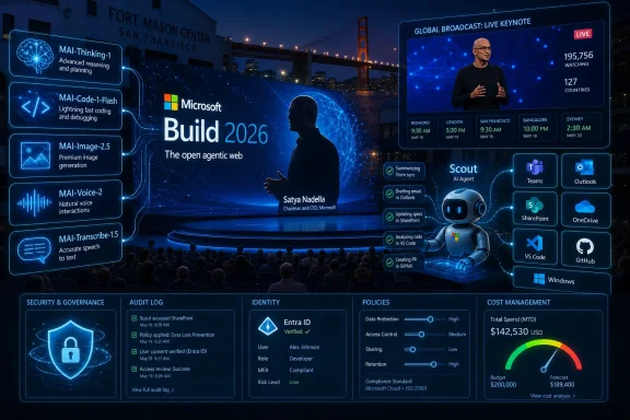 Nighttime tech keynote display for Microsoft Build 2026, featuring Satya Nadella and AI/Windows cloud dashboard graphics.