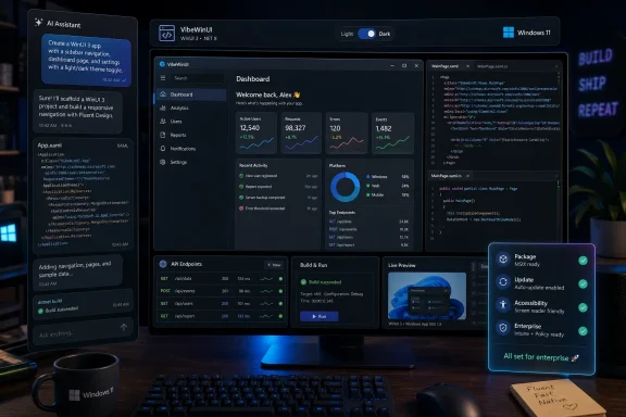 Developer dashboard on a monitor with WinUI 3 code editor, analytics charts, and Windows 11 UI theme toggles.