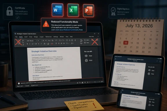 Laptop and tablets show a Word document in Reduced Functionality Mode with compatibility warnings.
