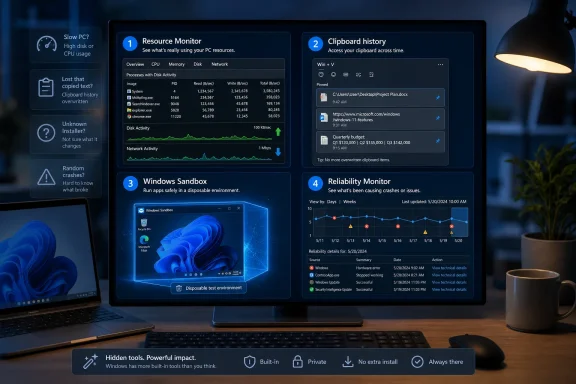 Windows PC utility dashboard shows Resource Monitor, Clipboard history, Sandbox, and Reliability Monitor on a desktop.