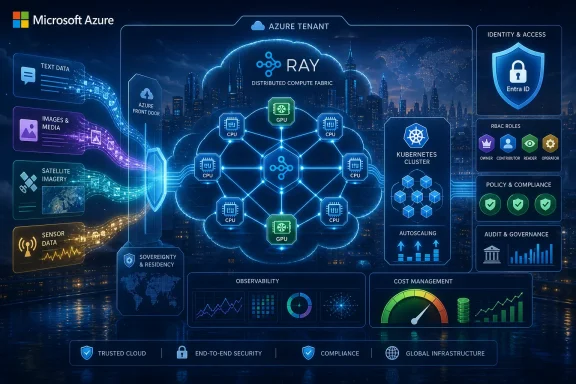 Microsoft Azure dashboard illustration showing RAY distributed compute fabric with security, identity, and analytics modules.