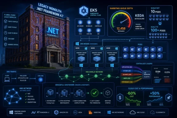 Infographic of a Kubernetes-based .NET Framework 4.7 legacy monolith with EKS, KEDA scaling, and RabbitMQ metrics.