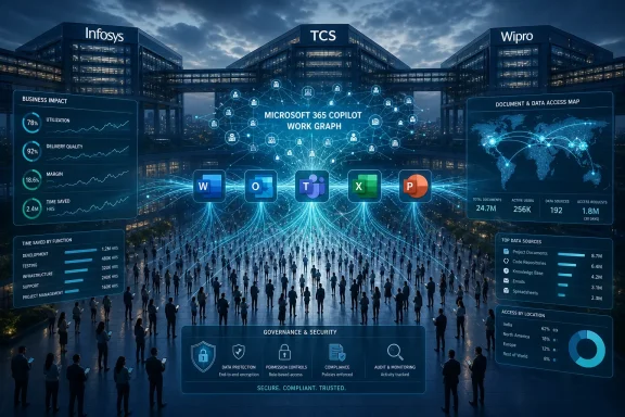 Futuristic office scene with people and analytics dashboard showcasing “Microsoft 365 Copilot Work Graph.” Futuristic office scene with people and analytics dashboard showcasing “Microsoft 365 Copilot Work Graph.”