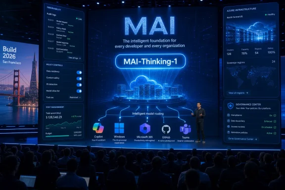 Tech conference stage showing an illuminated AI dashboard with cloud infrastructure metrics and a presenter.