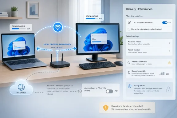 A Wi‑Fi home network transfer illustration with delivery optimization settings and download/upload progress.