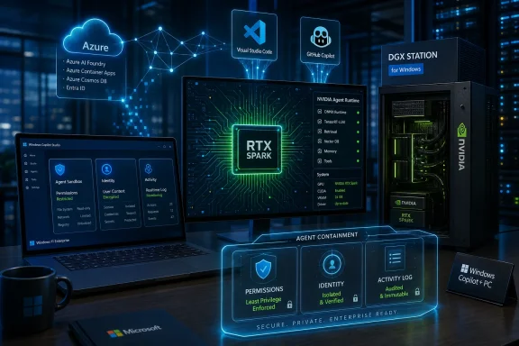 AI/security dashboards with Azure, VS Code, GitHub Copilot and NVIDIA RTX Spark in a server room.