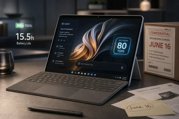 A laptop on a desk shows “Copilot” and “80 TOPS NPU power” specs, with battery life and a labeled box.