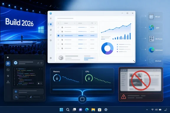 Tech conference display showing “Build 2026” with a Windows-style dashboard and charts.