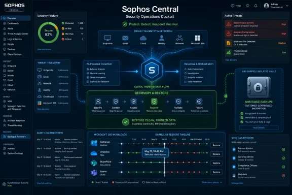 Sophos Central security operations dashboard showing active threats, telemetry, response, and restore timelines.