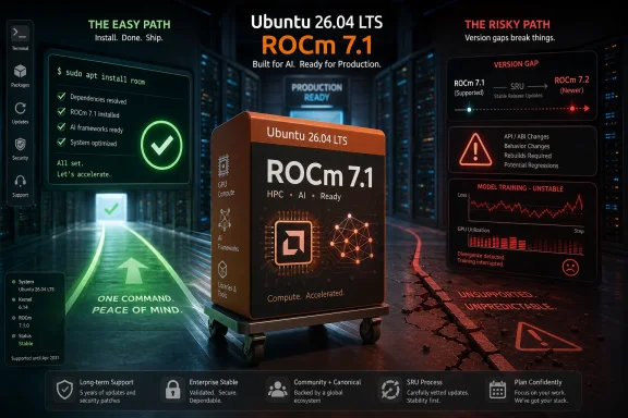 Diagram contrasts Ubuntu 26.04 with ROCm 7.1 “easy path” vs risky ROCm 7.2 version gaps in server UI.